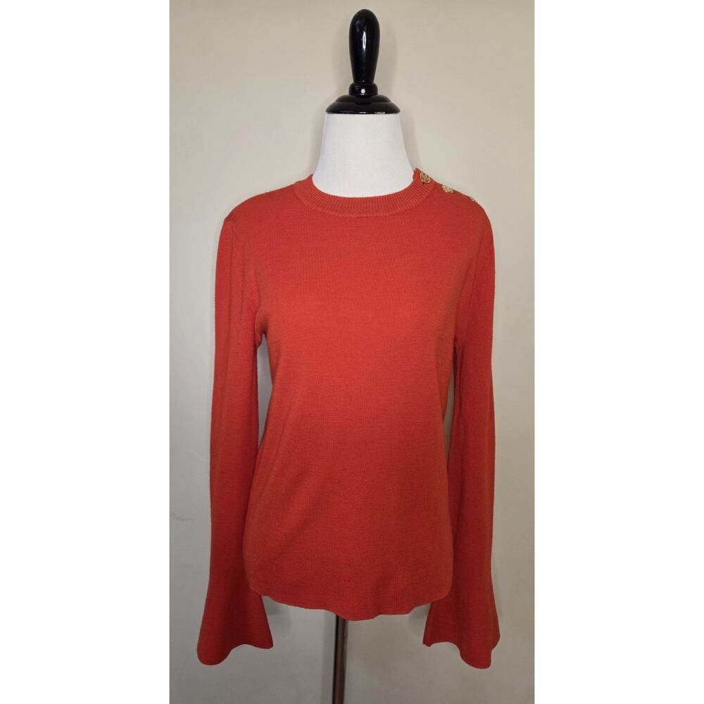 Tory Burch 100% Merino Wool Jewel Button Red Sweater Bell Sleeve Women's M